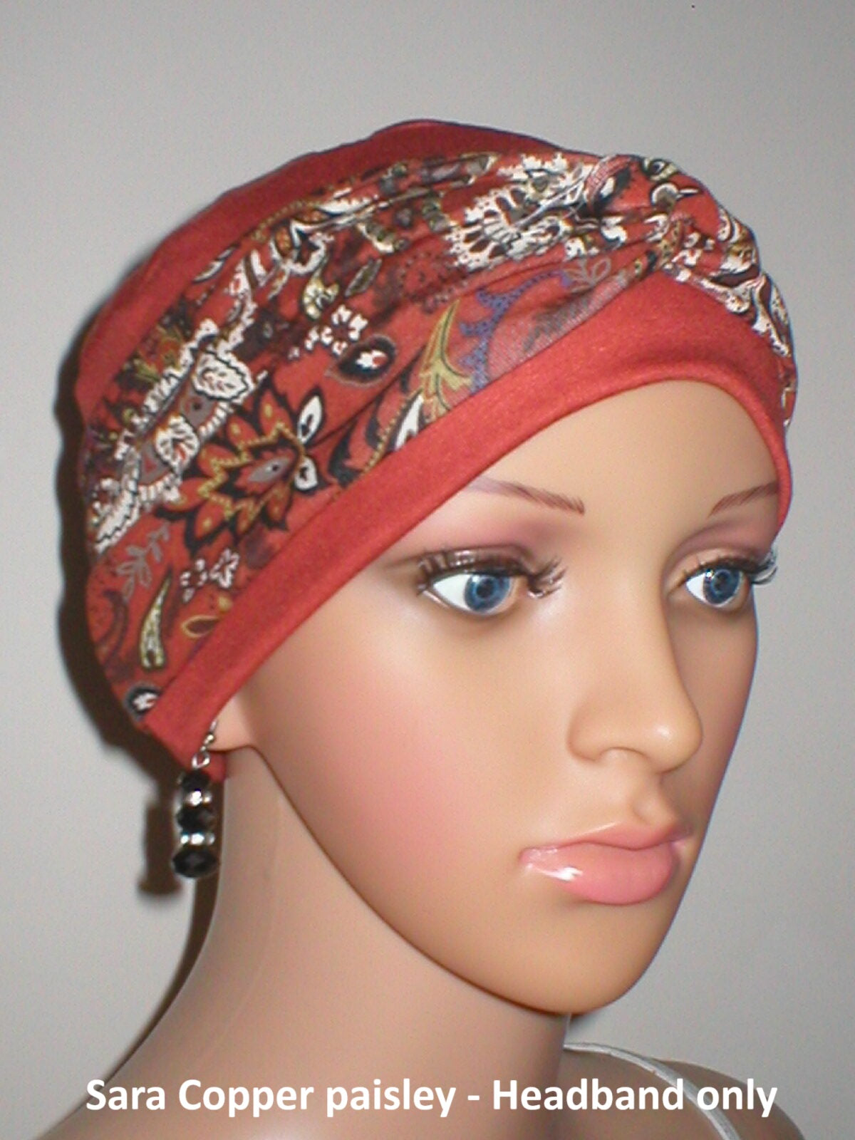 Soft twist jersey patterned stretchy chemo headbands - Sara copper paisley