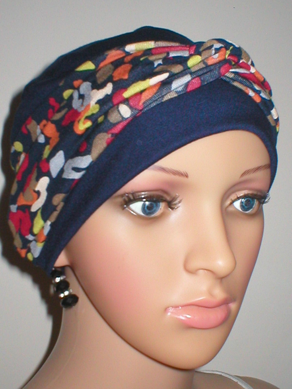 Soft chemo hat for hair loss and removable twist headband - Tina - navy colour palette