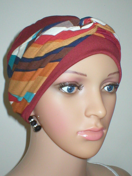 Soft breathable comfortable chemo hat and removable twist headband - Full coverage for cancer hairloss/Alopecia - Tina Rust geometric