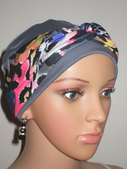 Soft breathable comfortable chemo hat and removable twist headband - Full coverage for cancer hairloss/Alopecia - Tina grey bright jungle