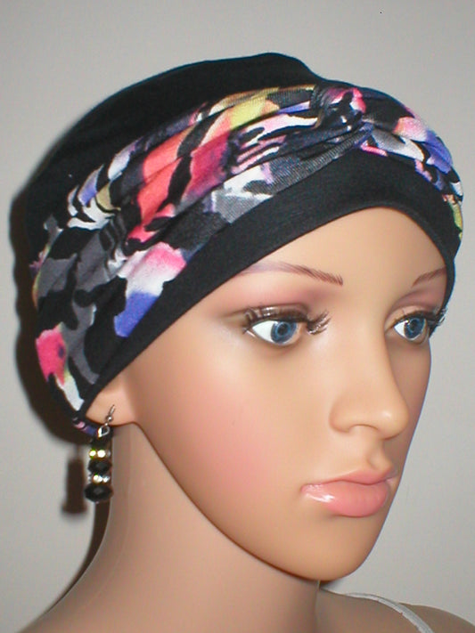 Soft breathable comfortable chemo hat and removable twist headband - Full coverage for cancer hairloss/Alopecia - Black bright jungle