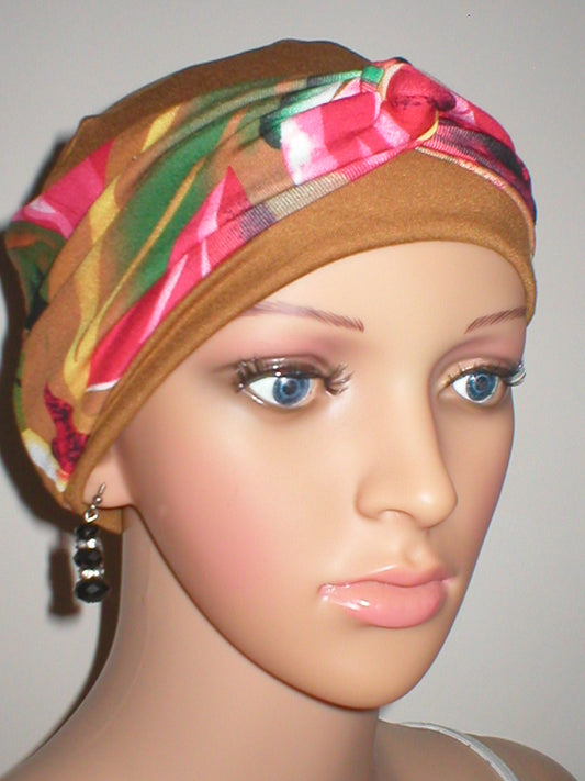 Soft breathable comfortable chemo hat and removable twist headband - Full coverage for cancer hairloss/Alopecia - Ochre sandstorm