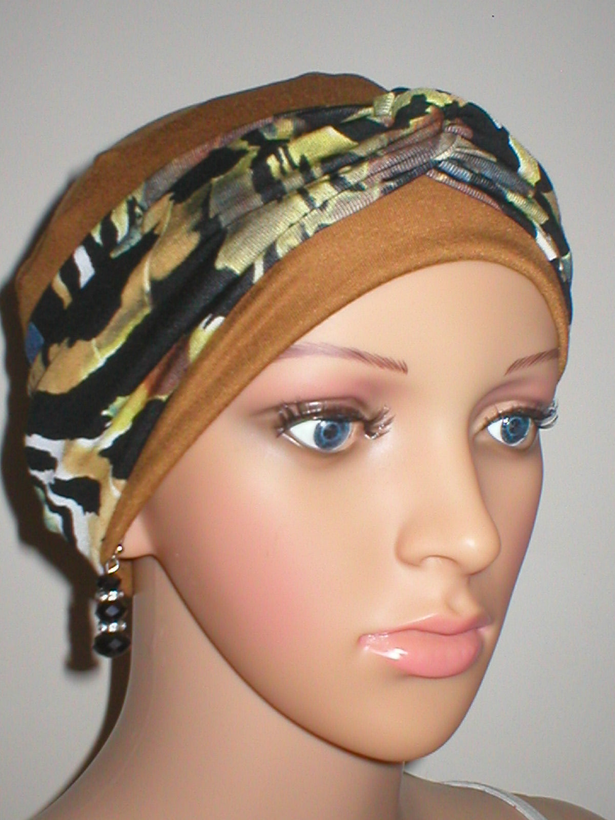 Soft breathable comfortable chemo hat and removable twist headband - Full coverage for cancer hairloss/Alopecia - Ochre gold jungle