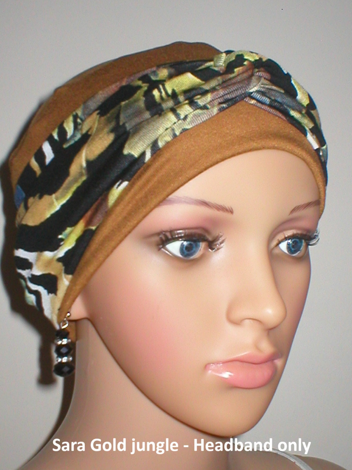 Soft twist jersey patterned stretchy chemo headbands - Sara gold jungle