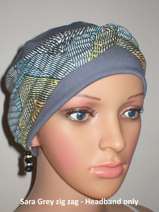 Soft twist jersey patterned stretchy chemo headbands - Sara grey zig zag