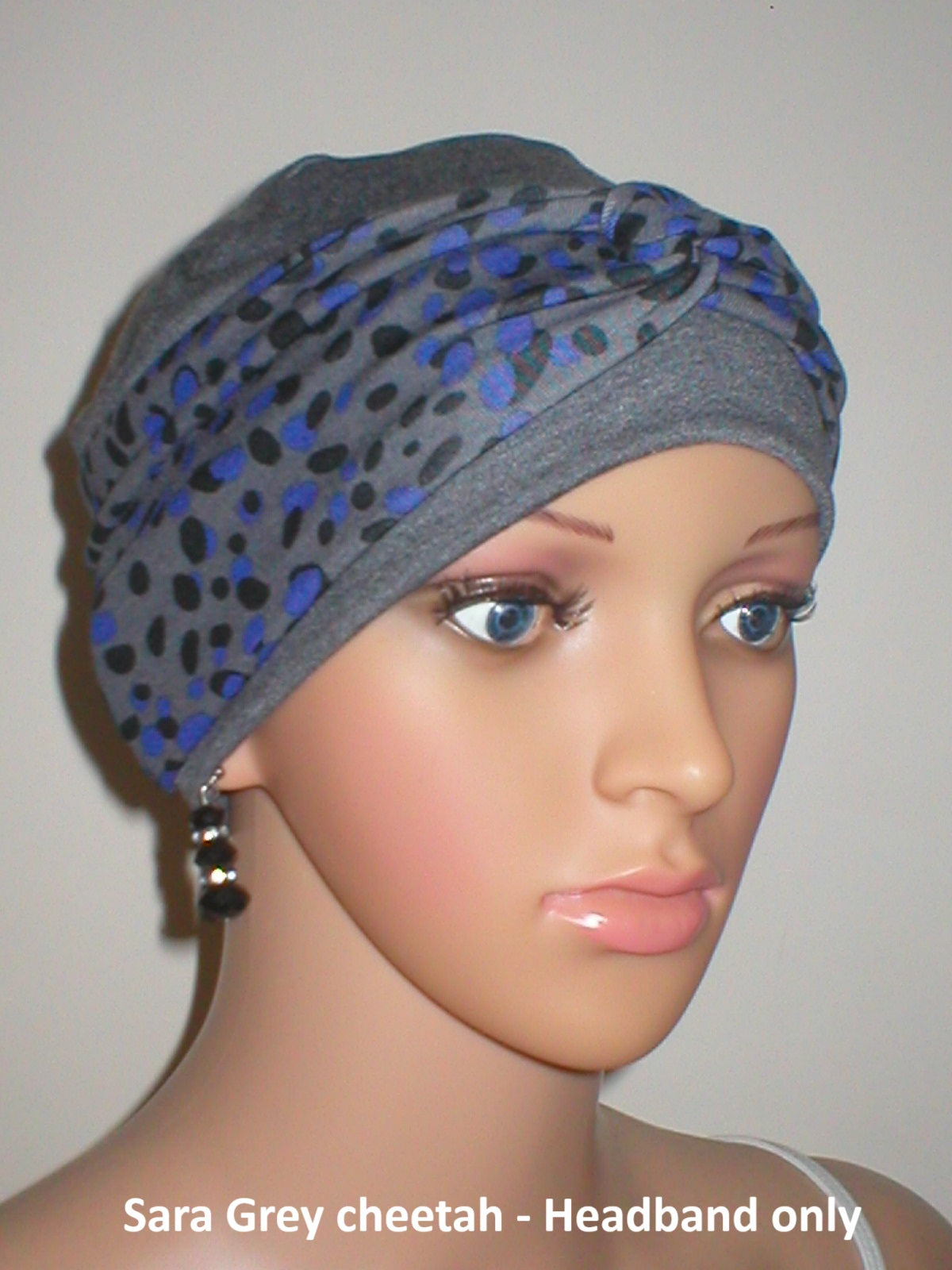 Soft twist jersey patterned stretchy chemo headbands - Sara grey cheetah