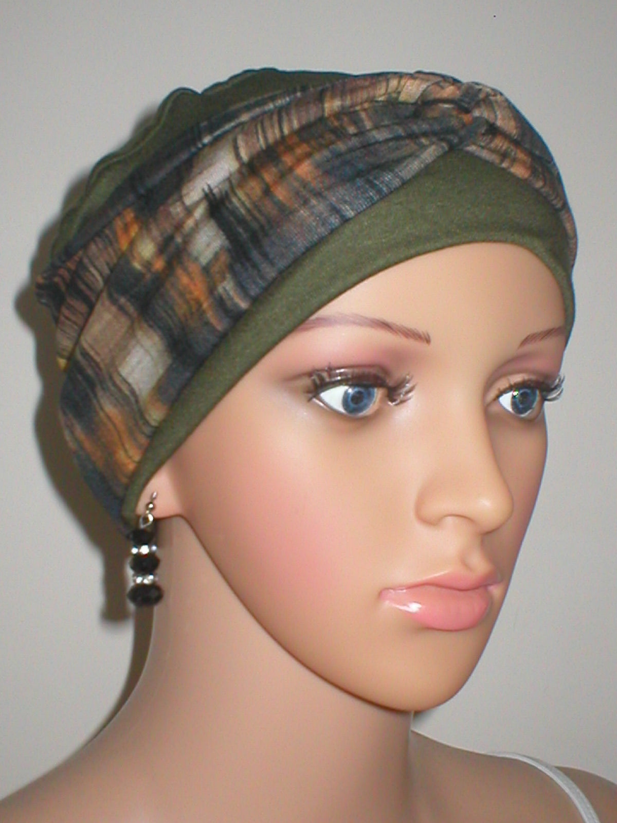 Soft breathable comfortable chemo hat and removable twist headband - Full coverage for cancer hairloss/Alopecia - Khaki autumn blocks