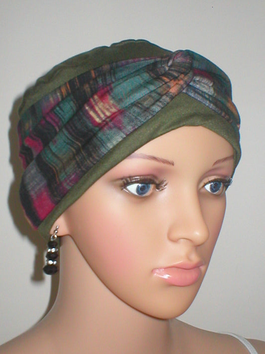 Soft breathable comfortable chemo hat and removable twist headband - Full coverage for cancer hairloss/Alopecia - Khaki berry blocks