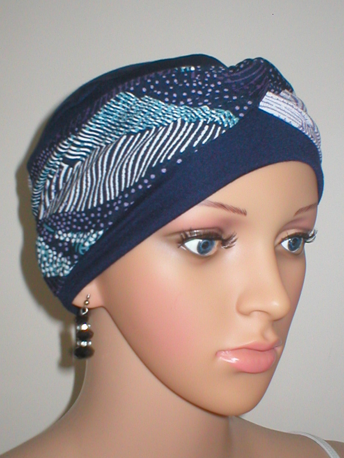 Soft breathable comfortable chemo hat and removable twist headband - Full coverage for cancer hairloss/Alopecia - Navy dotty leaves