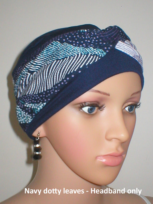 Soft twist jersey patterned stretchy chemo headbands - Sara navy dotty leaves