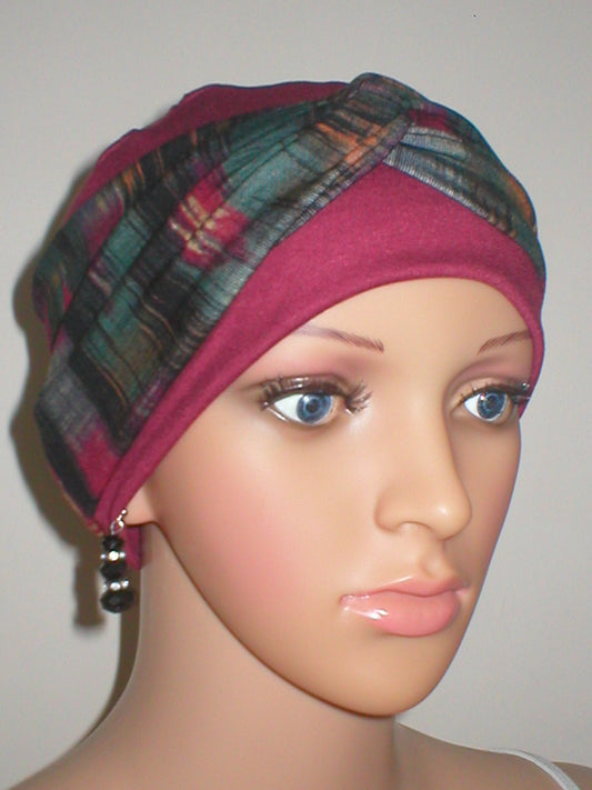 Soft breathable comfortable chemo hat and removable twist headband - Full coverage for cancer hairloss/Alopecia - Wine berry blocks